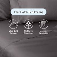 Gray bedding set with icons and text highlighting features like ultra-soft sateen, no harsh chemicals, and machine washable.