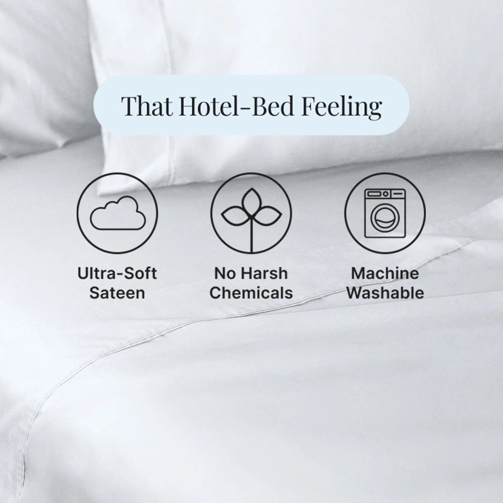 White bedding with icons and text highlighting features like ultra-soft sateen, no harsh chemicals, and machine washable.