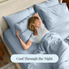 Woman lying in bed with light blue bedding and text 'Cool Through the Night'.
