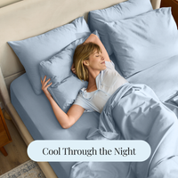 Woman lying in bed with light blue bedding and text 'Cool Through the Night'.