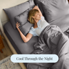 Woman lying in bed with gray bedding and pillows, text 'Cool Through the Night'.
