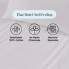 Text overlay on a bed sheet with icons and text about comfort and care.