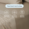 Beige bed sheets with text and icons indicating features like breathable 100% cotton, no harsh chemicals, and machine washable.