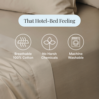 Beige bed sheets with text and icons indicating features like breathable 100% cotton, no harsh chemicals, and machine washable.