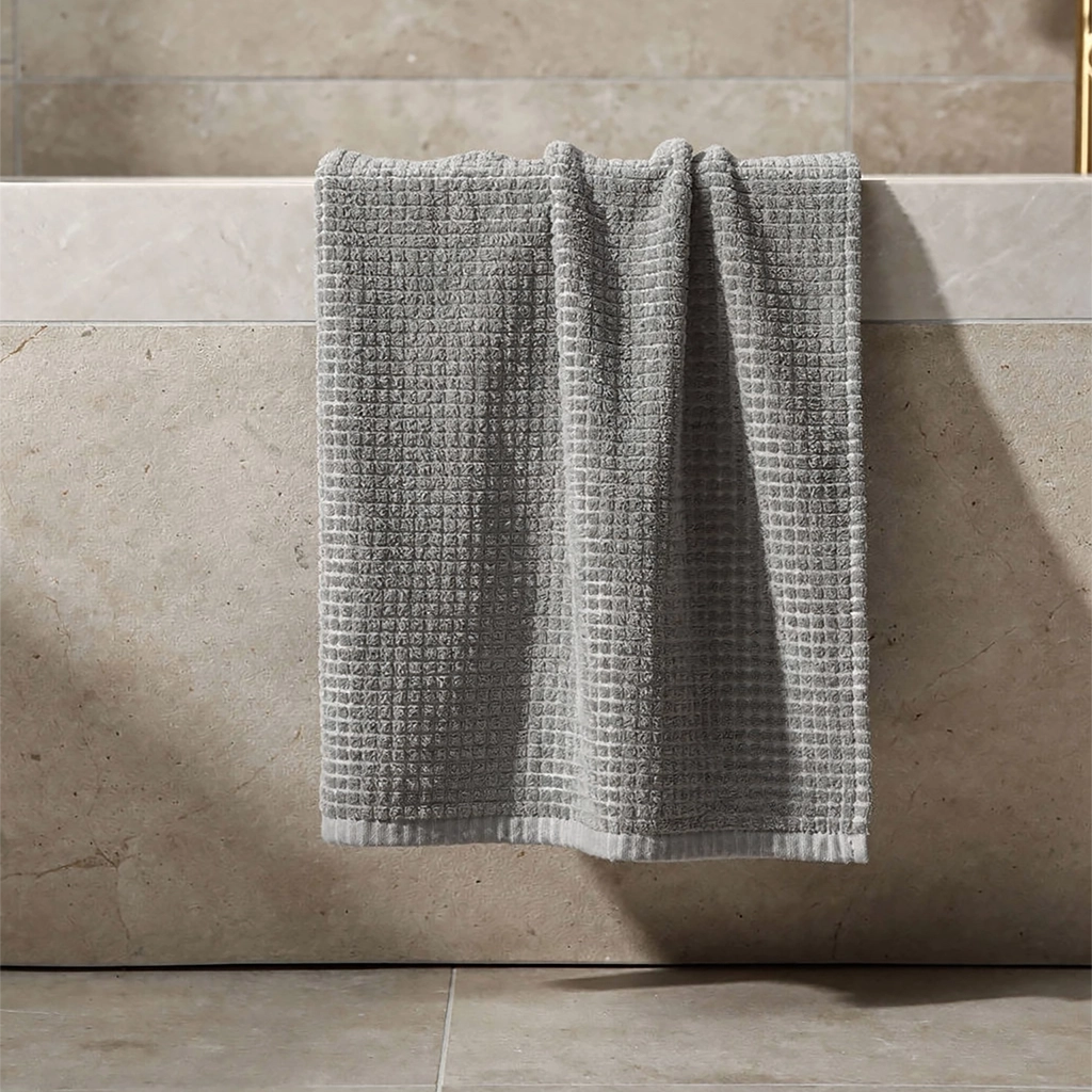 Gray textured towel hanging on a bathtub rim against a beige tiled wall.