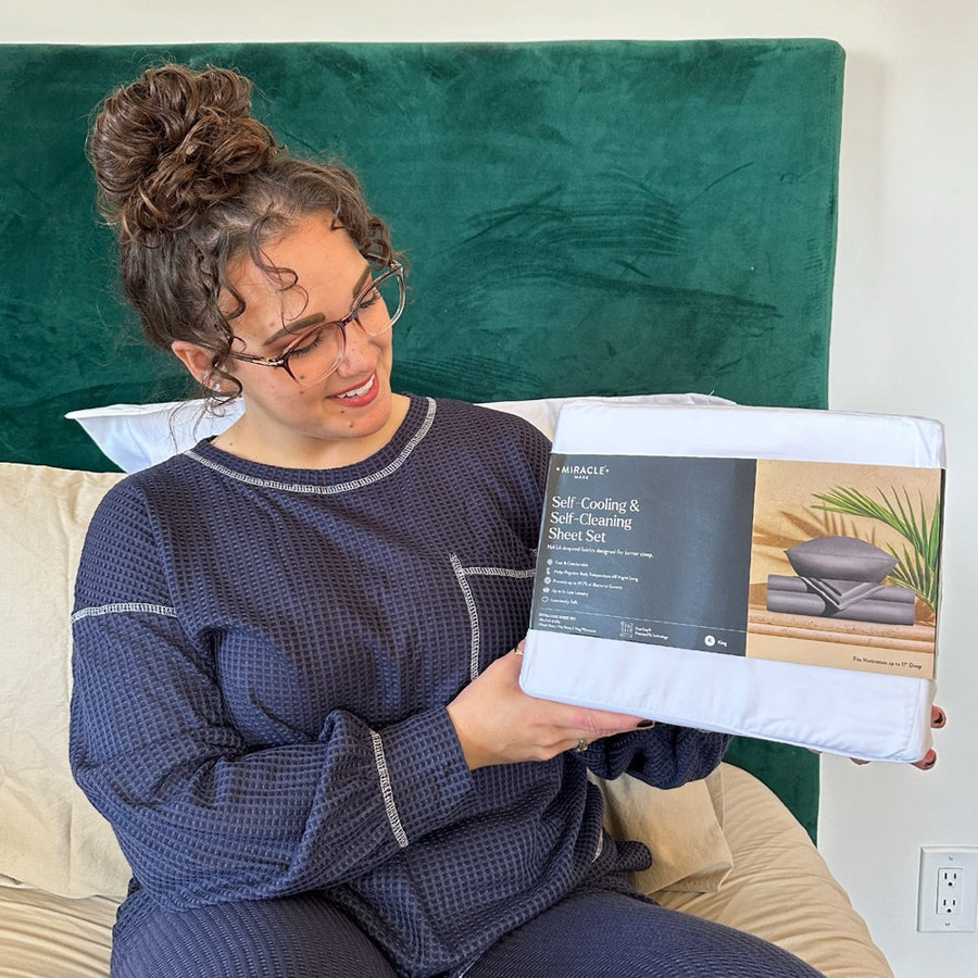 Customer with her new Miracle Made sheet set