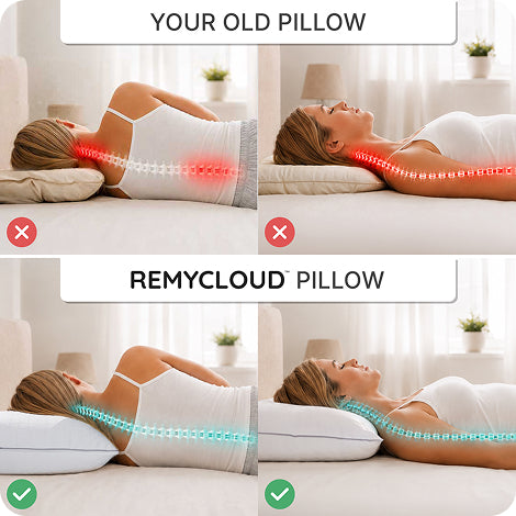 Old pillow compared with supportive RemyCloud pillow