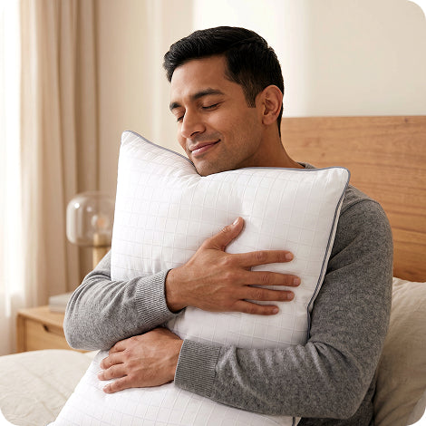 Man hugging a RemyCloud pillow