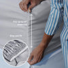 Person adjusting fitted sheet on a mattress with text indicating fit and stay put feature.