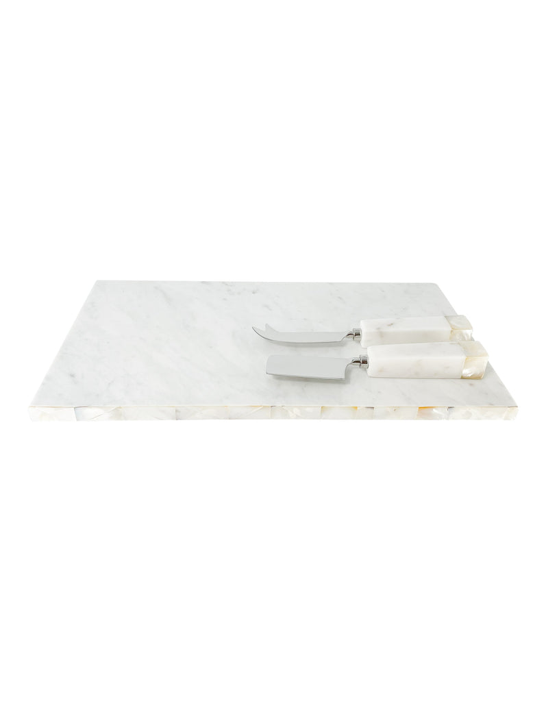 White Marble Cheese Board & Knife Set with Mother of Pearl Inlay