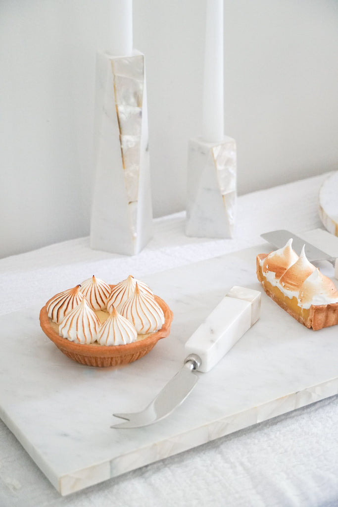 White Marble Cheese Board & Knife Set with Mother of Pearl Inlay