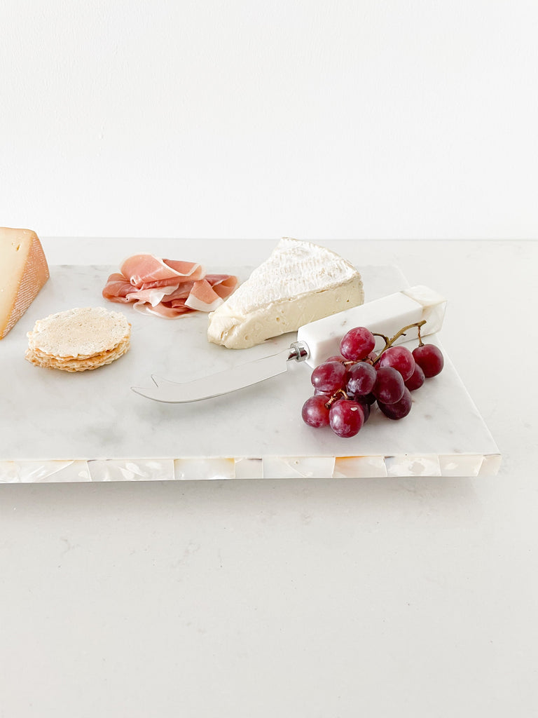 White Marble Cheese Board & Knife Set with Mother of Pearl Inlay