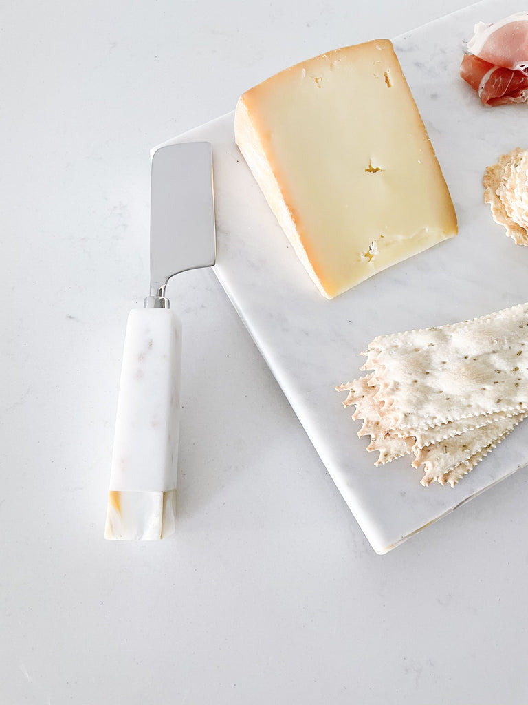 White Marble Cheese Board & Knife Set with Mother of Pearl Inlay