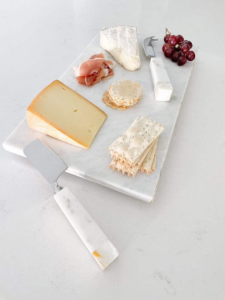 White Marble Cheese Board & Knife Set with Mother of Pearl Inlay