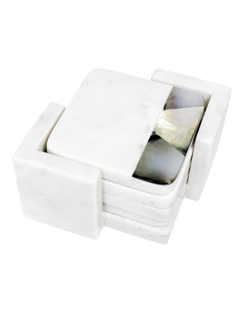 Grey Mother of Pearl White Marble Coasters with Holder (set of 4)