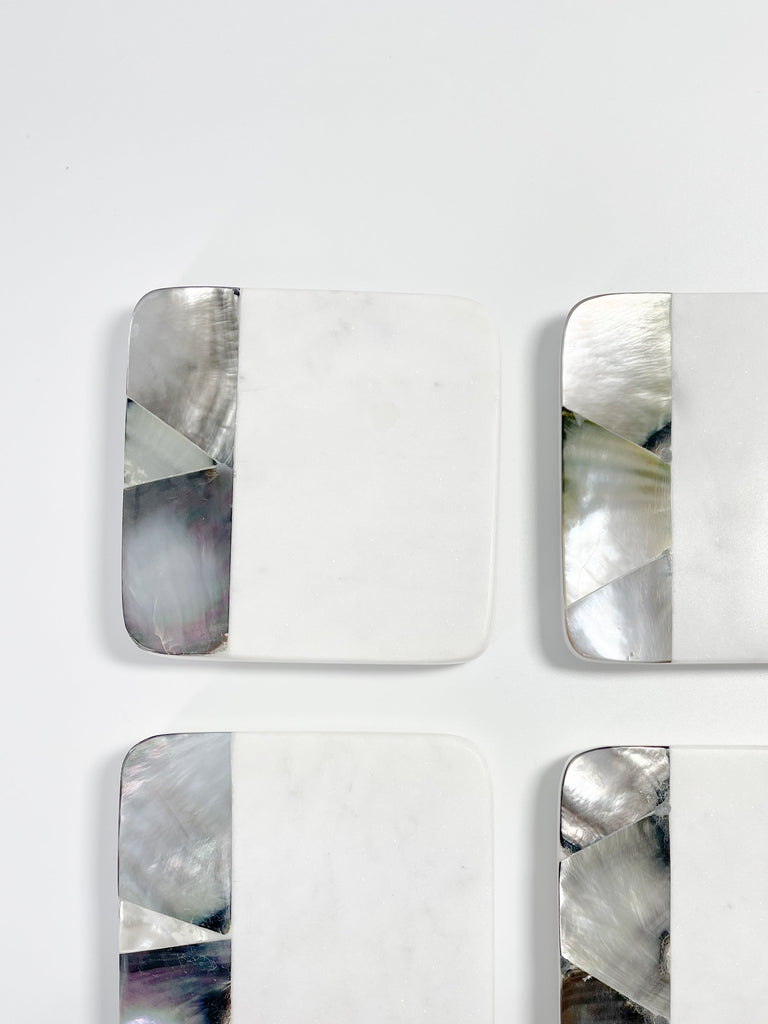 Grey Mother of Pearl White Marble Coasters with Holder (set of 4)