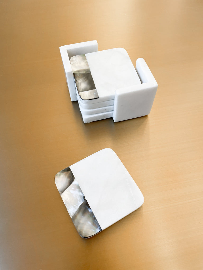 Grey Mother of Pearl White Marble Coasters with Holder (set of 4)