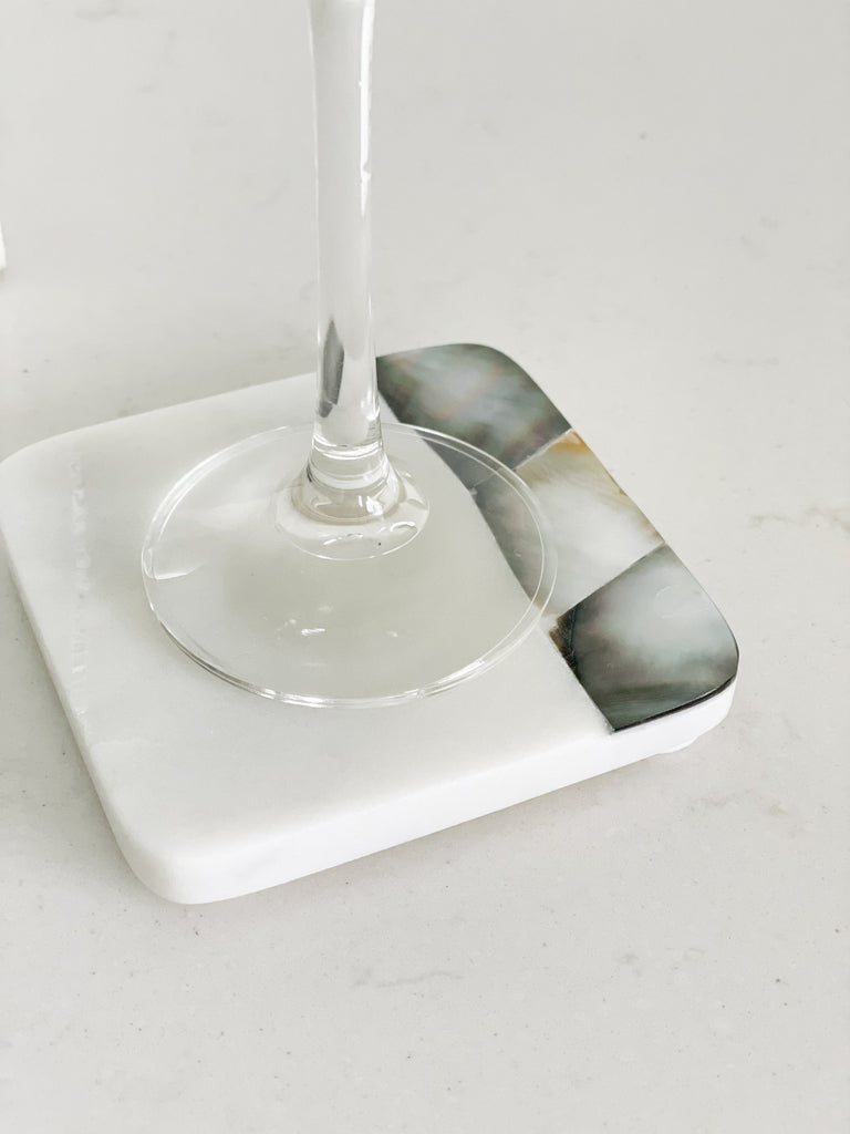 Grey Mother of Pearl White Marble Coasters with Holder (set of 4)