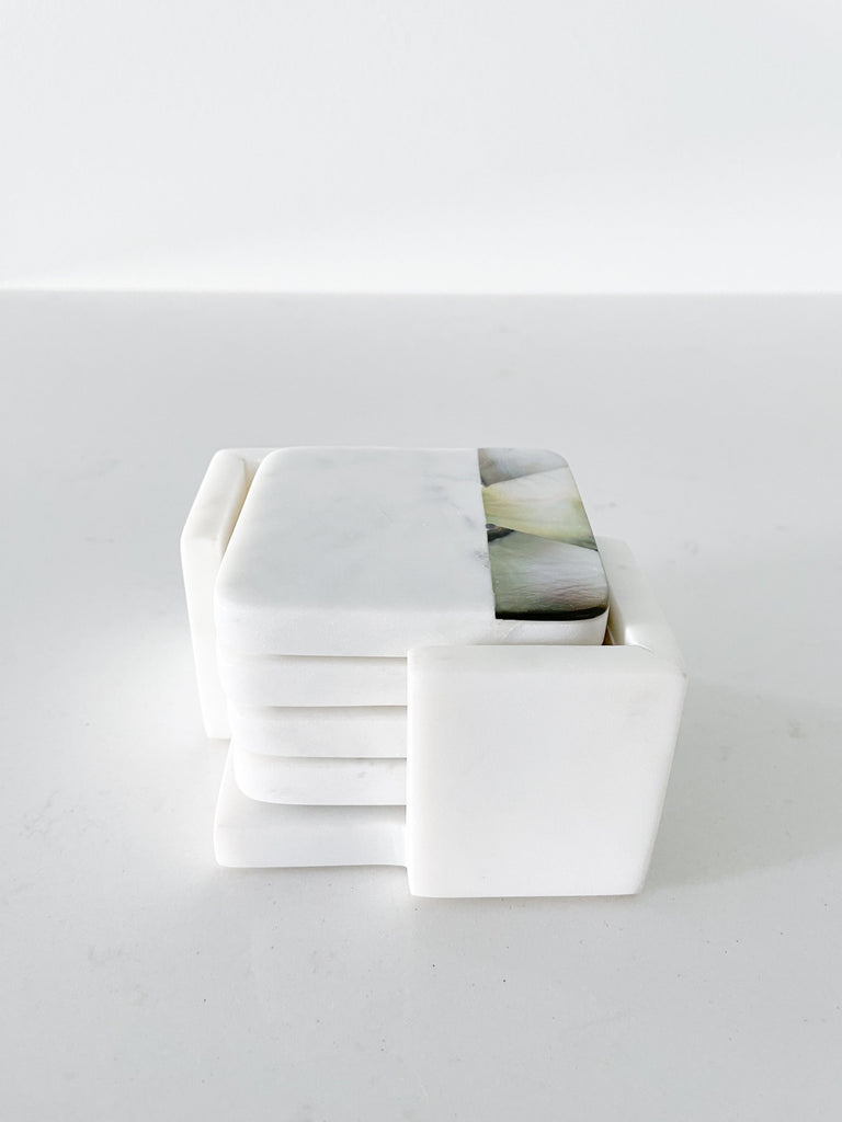 Grey Mother of Pearl White Marble Coasters with Holder (set of 4)
