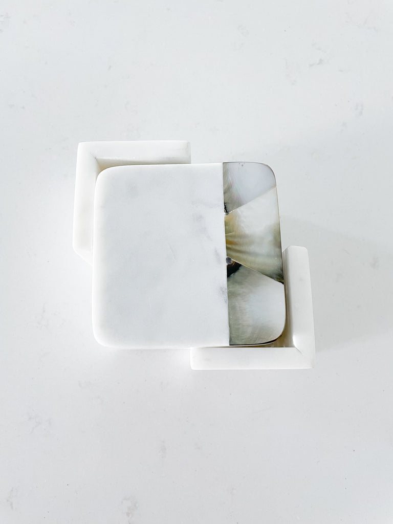 Grey Mother of Pearl White Marble Coasters with Holder (set of 4)