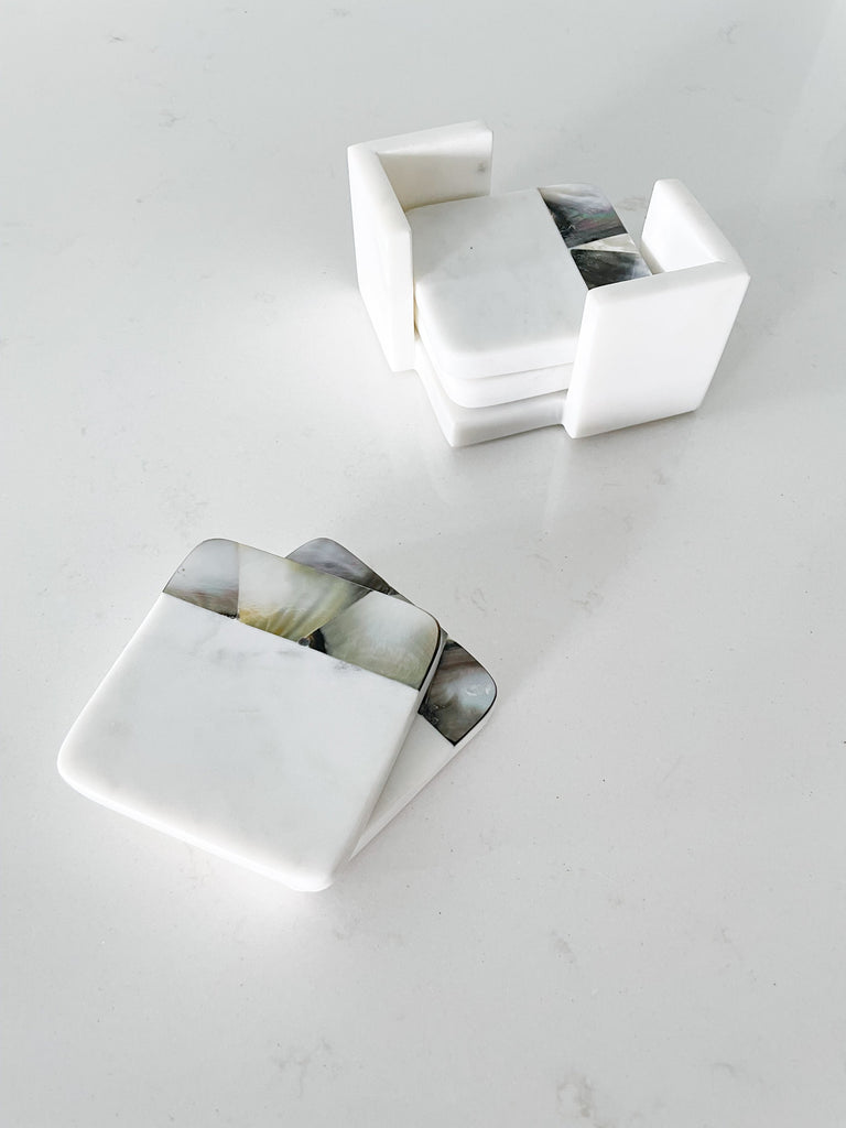 Grey Mother of Pearl White Marble Coasters with Holder (set of 4)