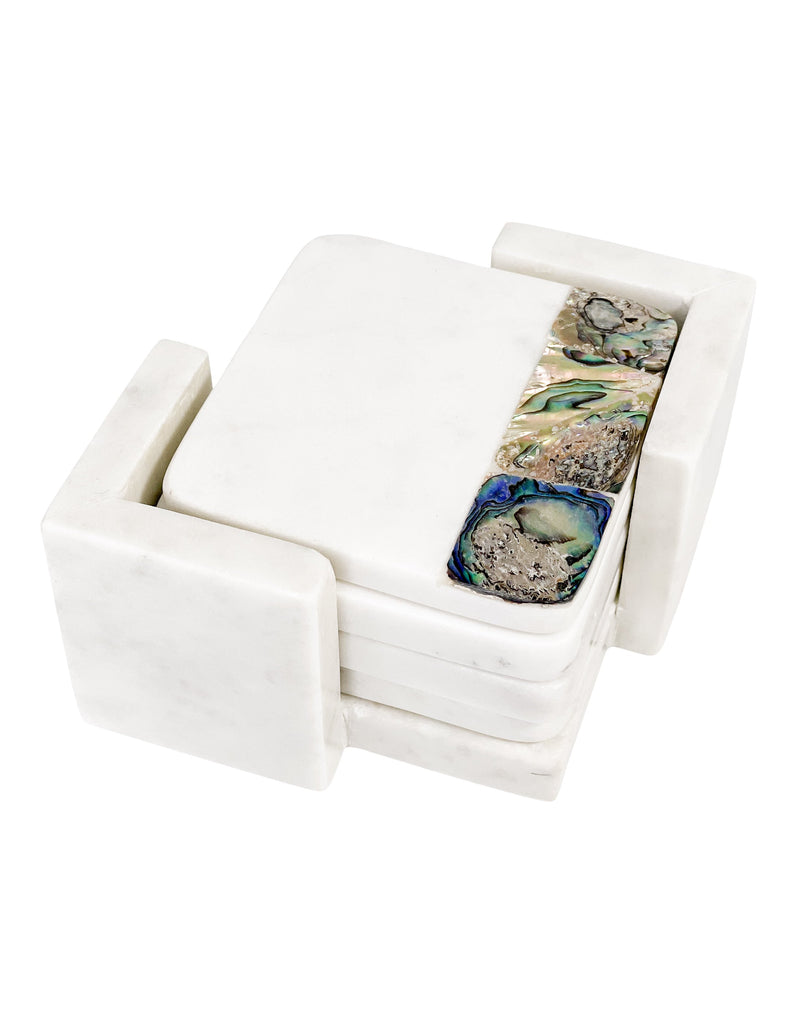 Rainbow Mother of Pearl White Marble Coasters with Holder (set of 4)