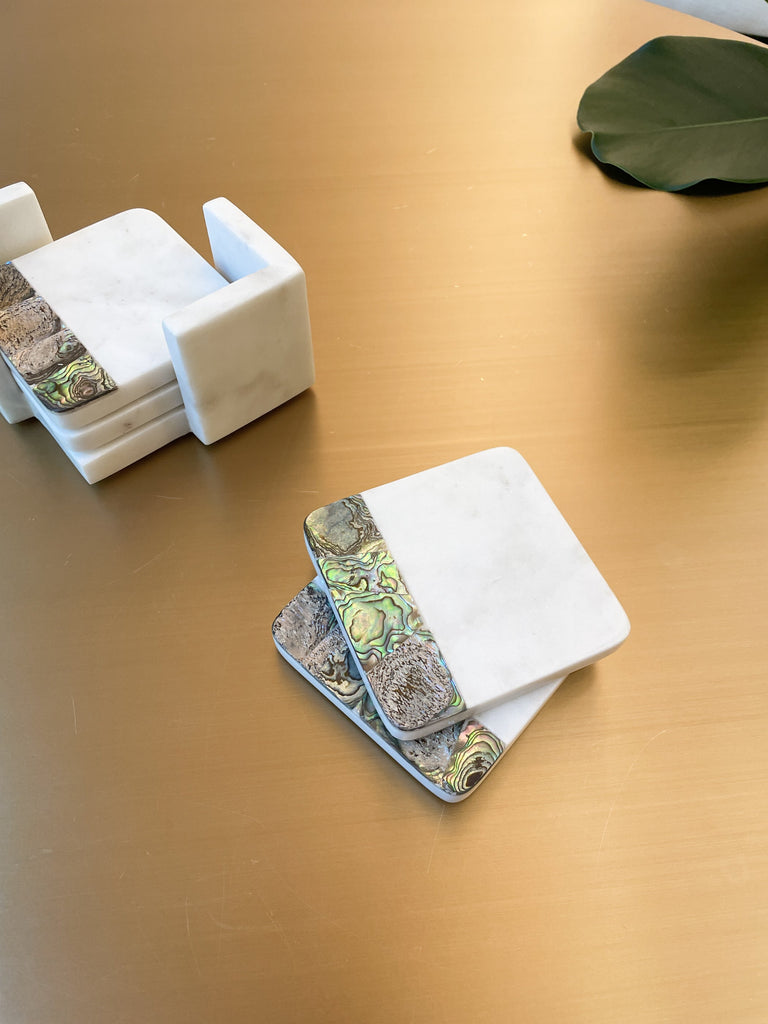 Rainbow Mother of Pearl White Marble Coasters with Holder (set of 4)