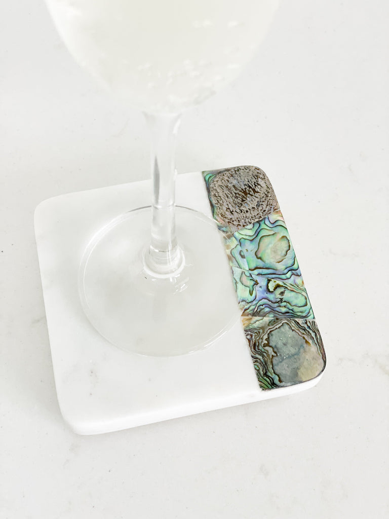 Rainbow Mother of Pearl White Marble Coasters with Holder (set of 4)