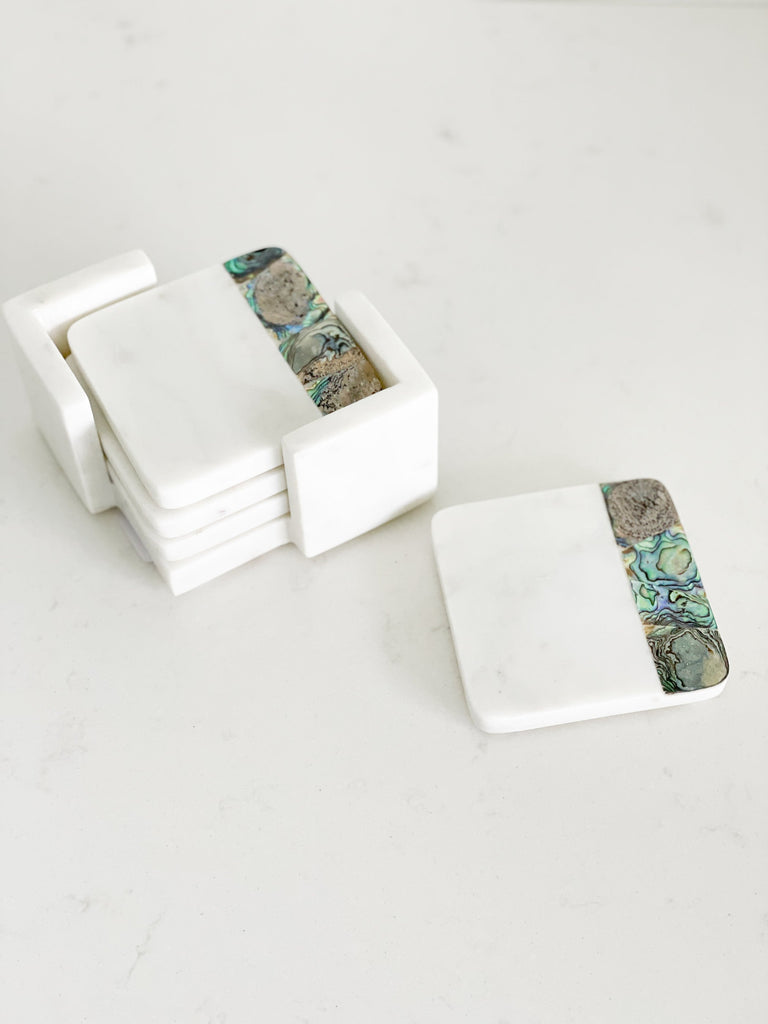 Rainbow Mother of Pearl White Marble Coasters with Holder (set of 4)