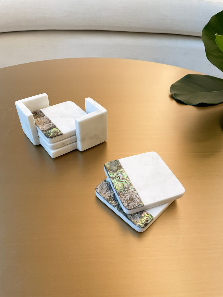 Rainbow Mother of Pearl White Marble Coasters with Holder (set of 4)