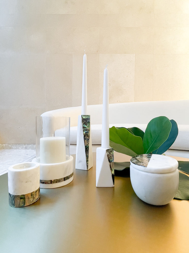 White Marble Rainbow Pearl Hurricane Candle Holder