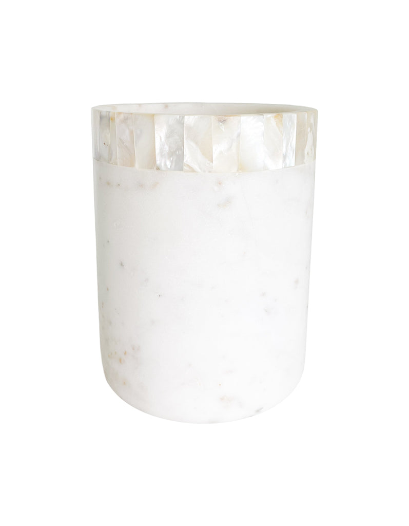 White Marble Utensil Holder with Mother of Pearl Inlay