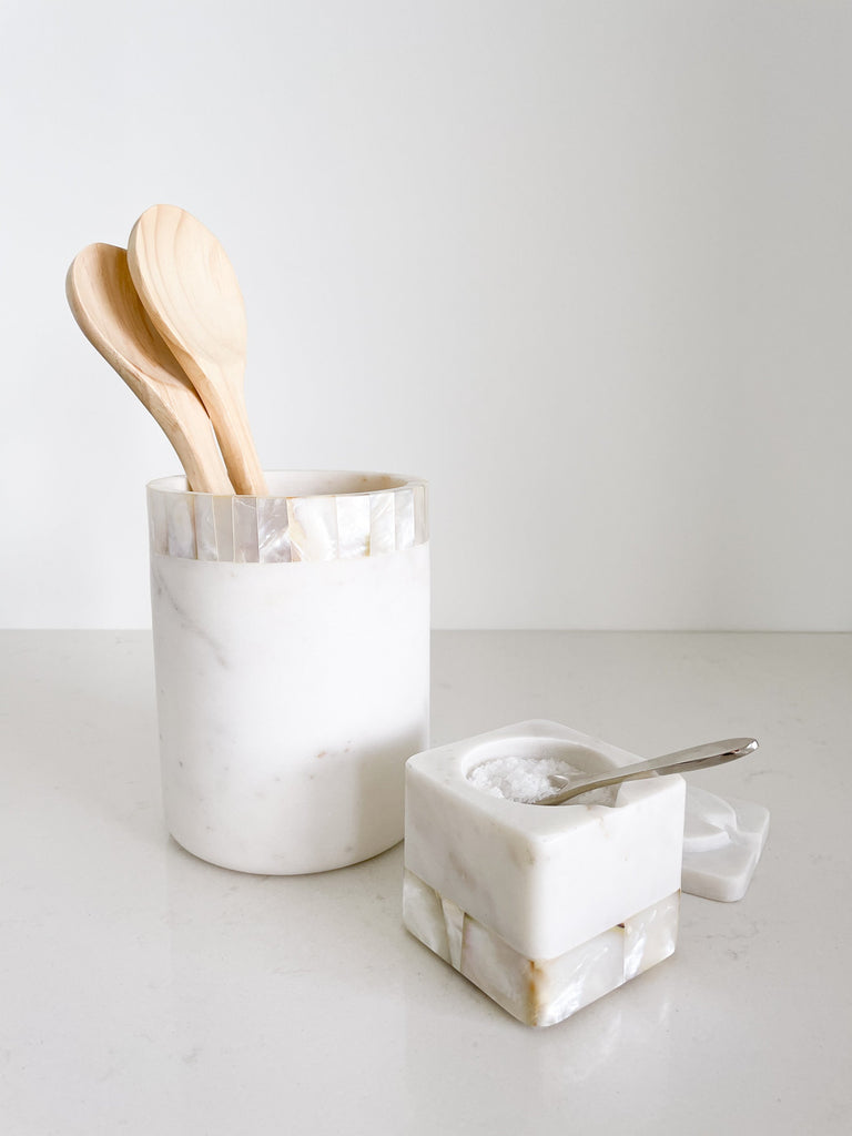 White Marble Utensil Holder with Mother of Pearl Inlay