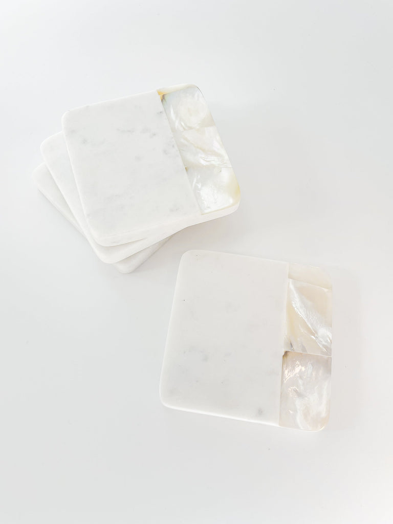 Mother of Pearl White Marble Coasters with Holder (set of 4)