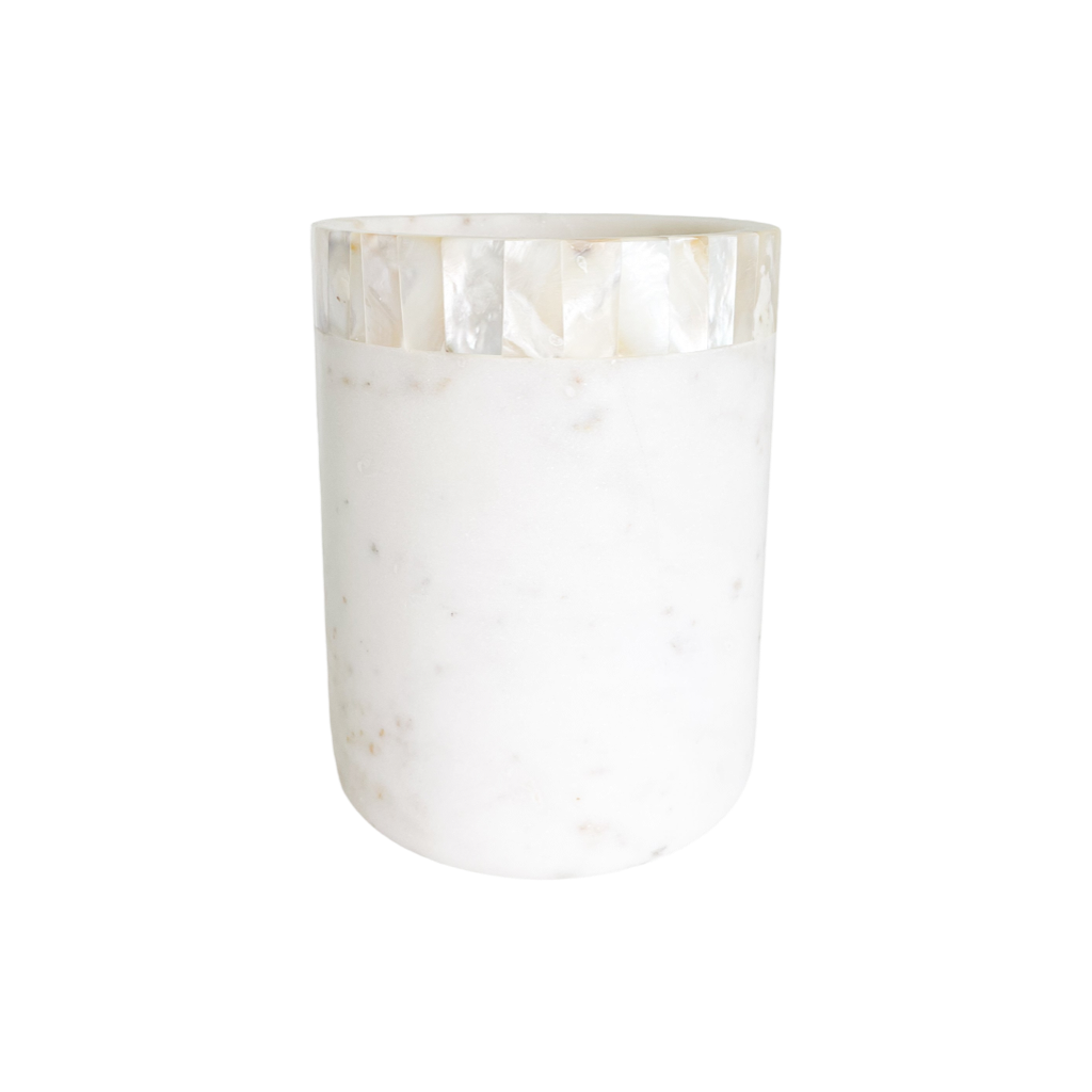 White Marble Utensil Holder with Mother of Pearl Inlay
