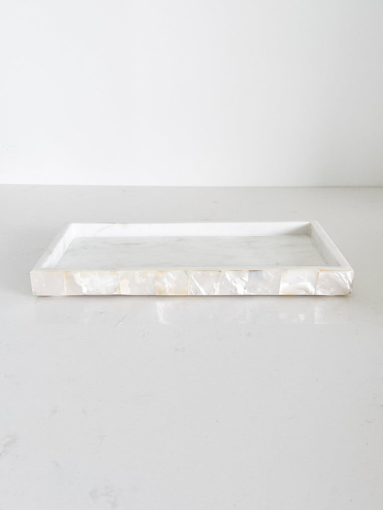 White Marble Tray with Mother of Pearl Inlay by Anaya