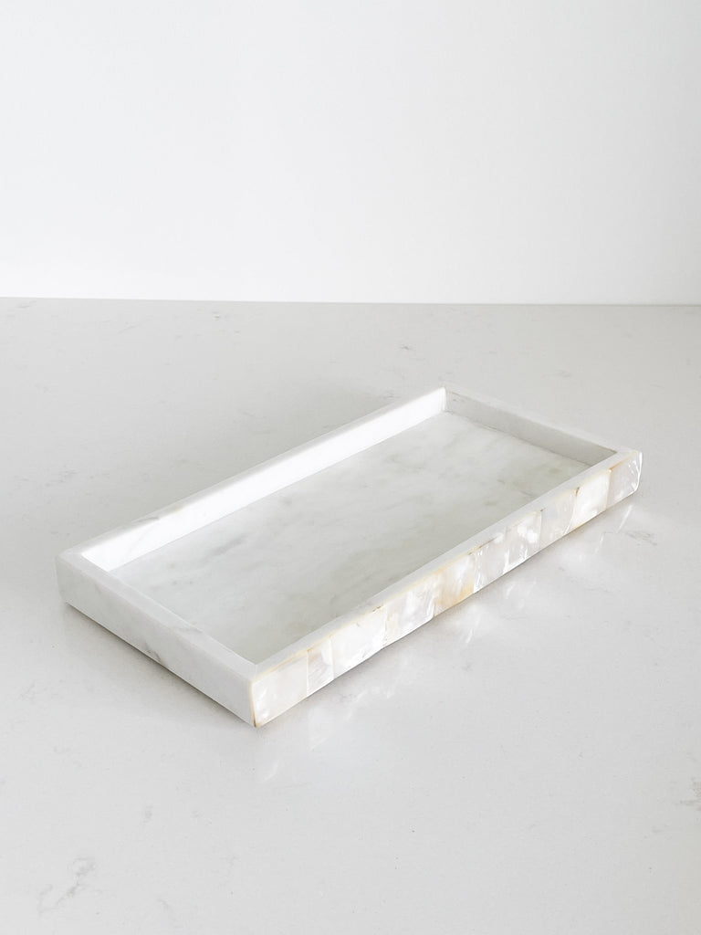 White Marble Tray with Mother of Pearl Inlay by Anaya