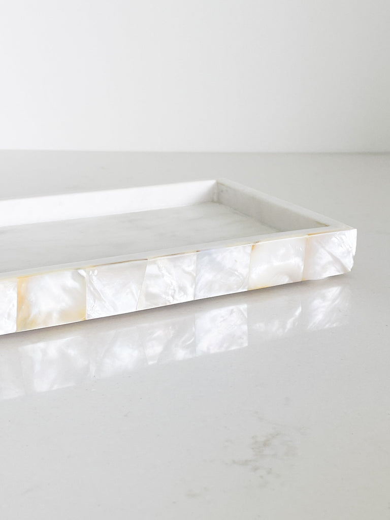 White Marble Tray with Mother of Pearl Inlay by Anaya