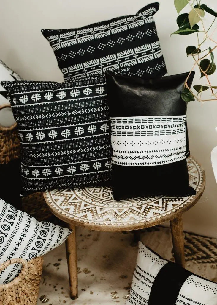 Mud-Cloth Pillow Covers | Black and White | Faux Leather | Throw Pillow