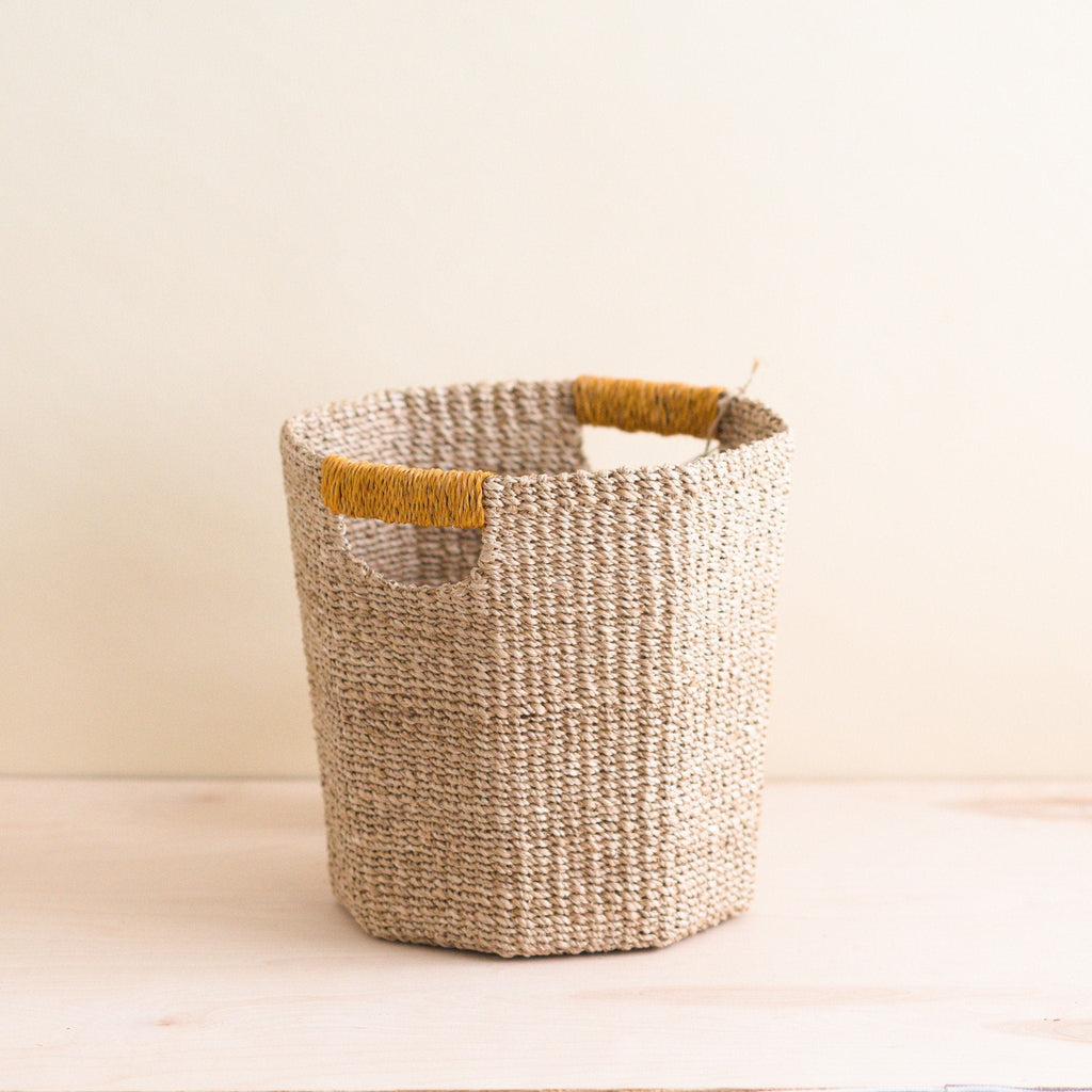Natural Octagon Basket with Mustard Handle - Handwoven Bin