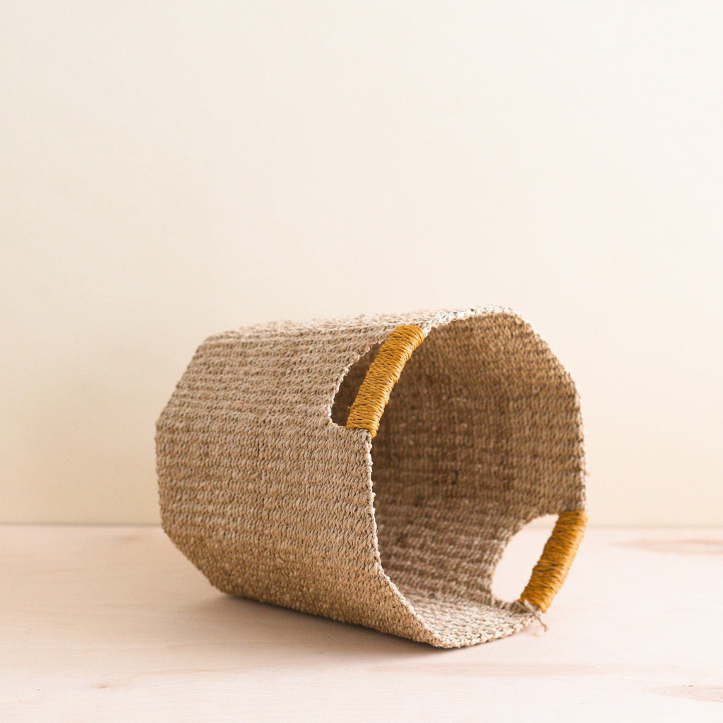 Natural Octagon Basket with Mustard Handle - Handwoven Bin