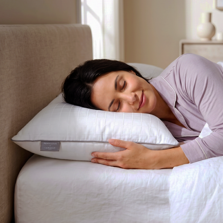 Woman sleeping comfortably on a RemyCloud adjustable pillow