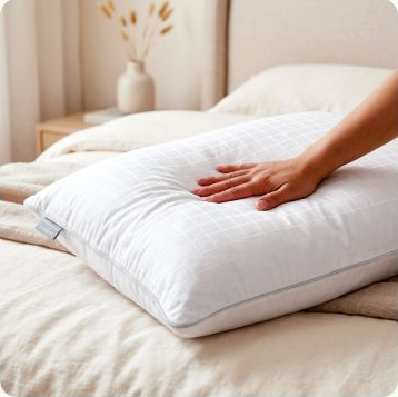 Hand touching the cool surface of a RemyCloud pillow