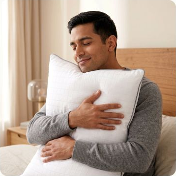 Man hugging a RemyCloud pillow
